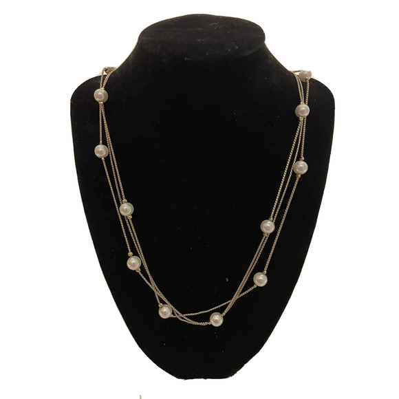 faux Pearls on Metal Chains Multi Strand necklace Layer preppy Barbie core vtg - Picture 1 of 8